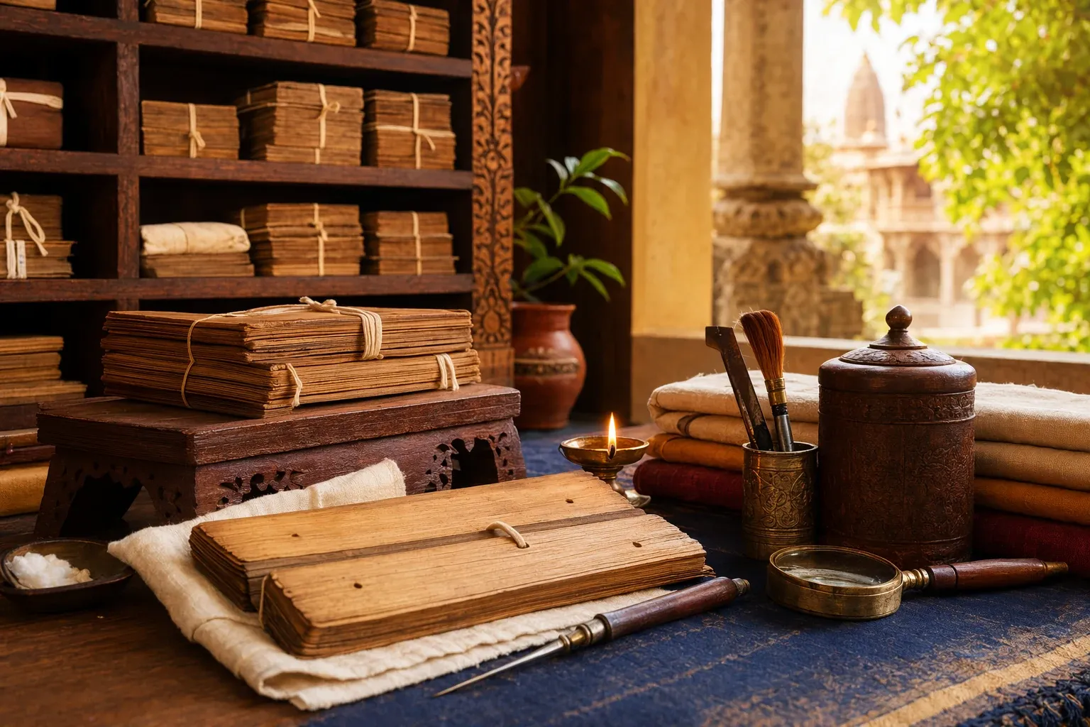 Indian manuscript bundles stored with cloth wrapping, shelves, and conservation tools to show preservation and archive care.