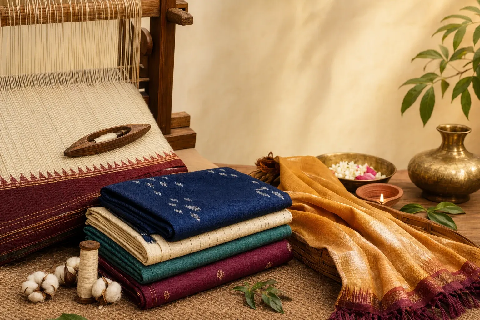 Illustration of handwoven fabric inspection with loom, shuttle, cotton yarn, folded cloth, and visible weave texture.