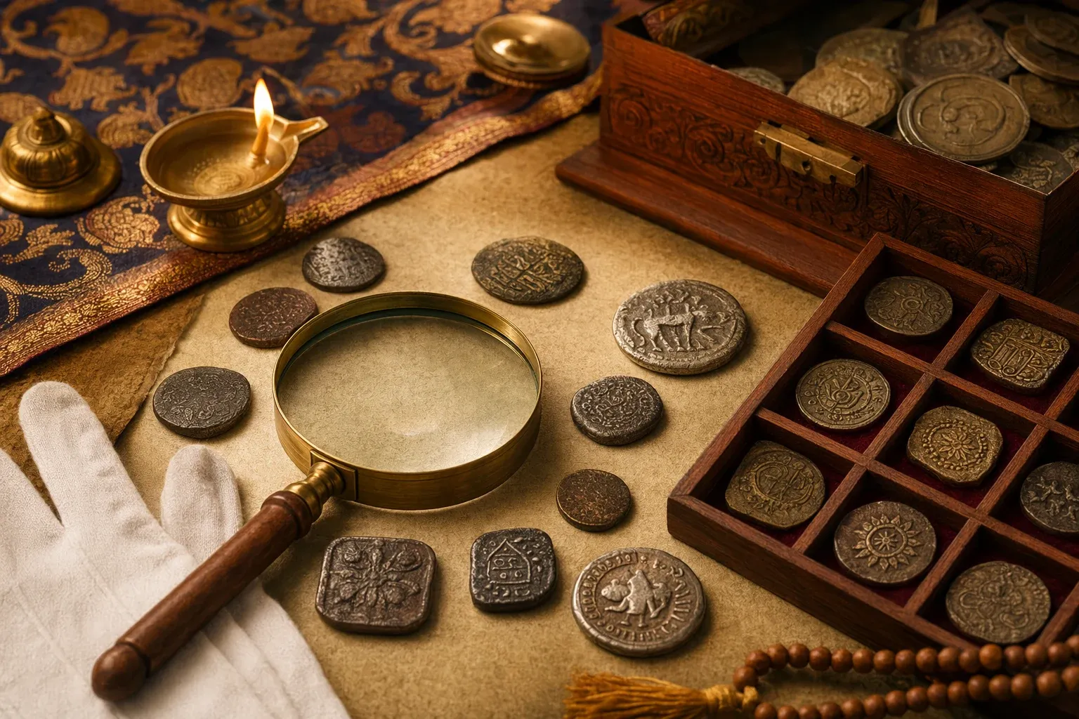 Editorial illustration of old Indian coins with magnifier, cotton gloves, notebook and reference cards for identification.