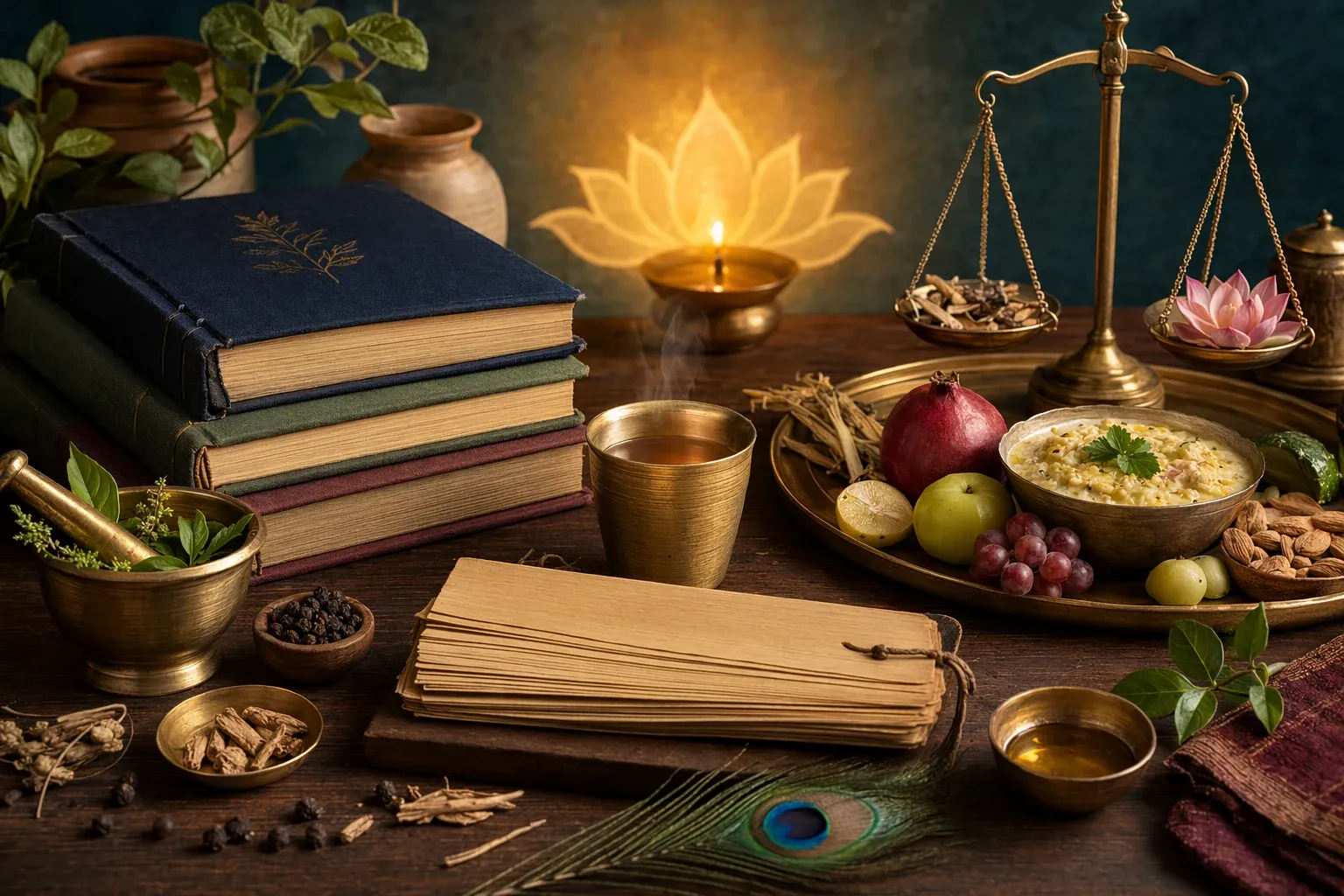 Ayurveda learning scene with books, manuscripts, herbs, lamp, mortar, and study objects arranged respectfully for a beginner education guide.