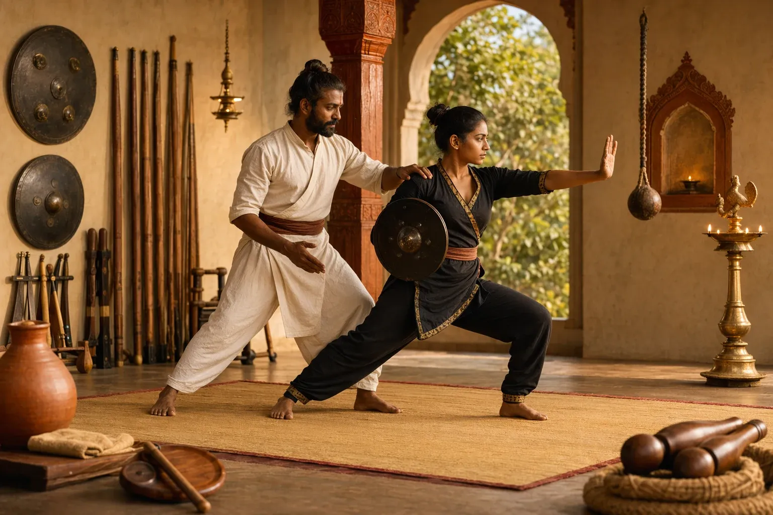 Teacher guiding a beginner in an Indian martial arts training space with safe distance, careful posture, and disciplined practice.