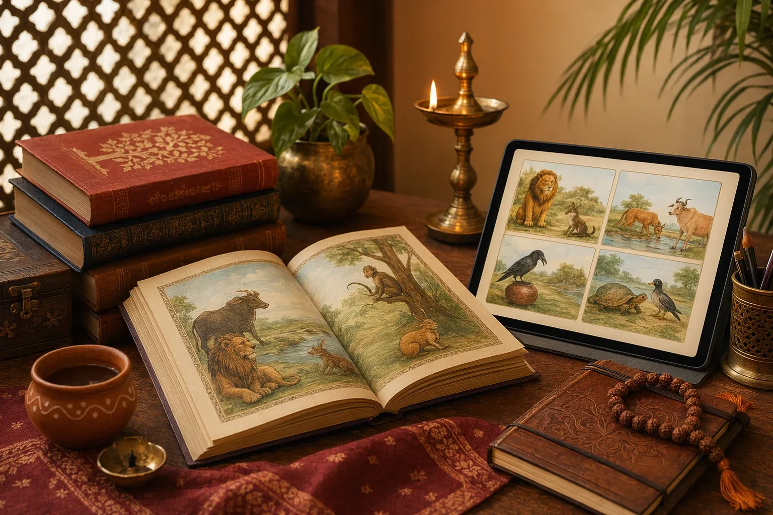 Editorial illustration for How to Read Panchatantra Legally: Books, Online Sources and Tips: a concrete article-specific Indian cultural editorial scene for How to Read Panchatantra...