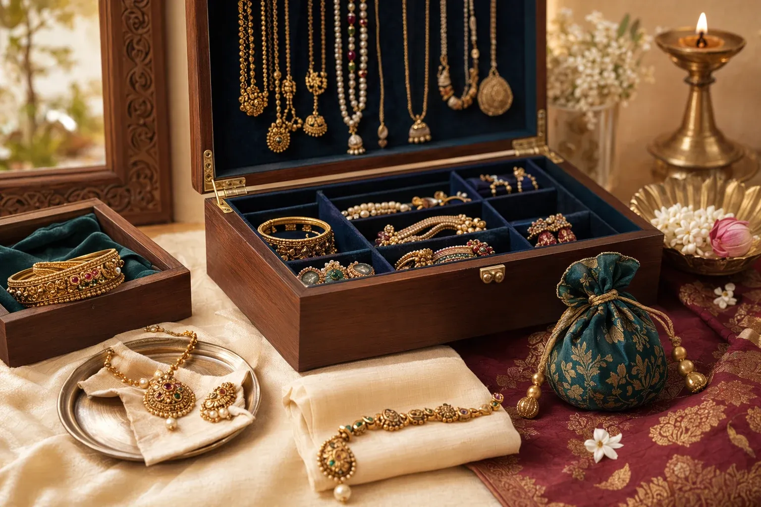 Indian jewellery storage and care scene with compartment boxes, cloth pouches, hanging necklaces, bangles, earrings and soft cleaning cloths at home.