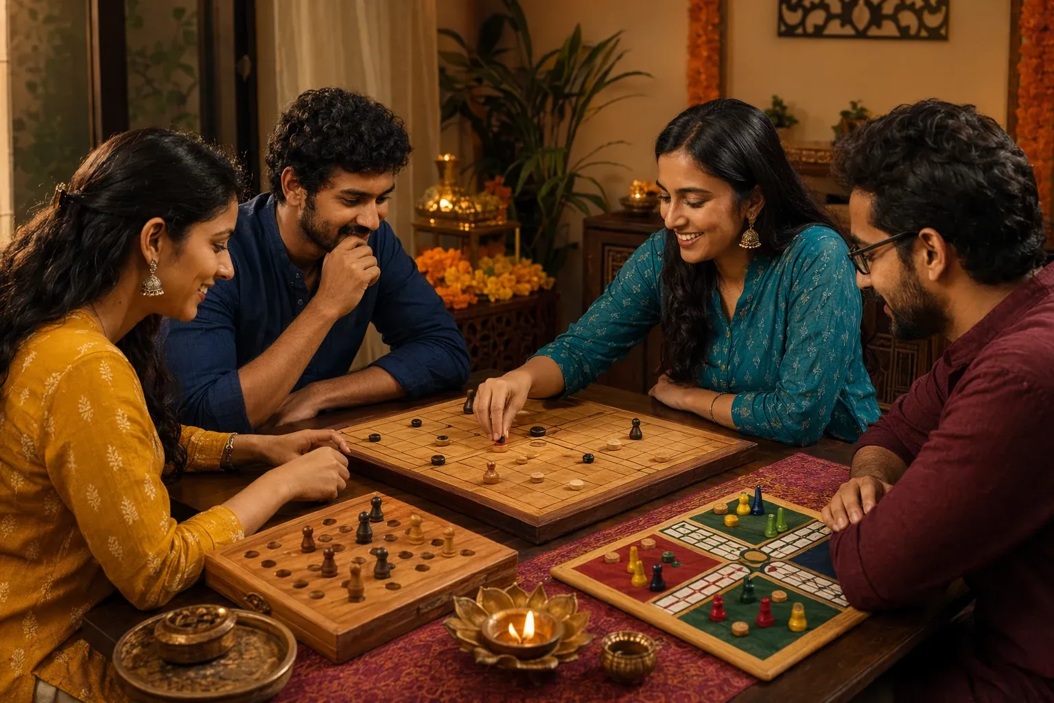 Adults gathered around Indian board games in a warm home setting with carrom-style play, strategy boards, game pieces, tea, lamps, and traditional decor.