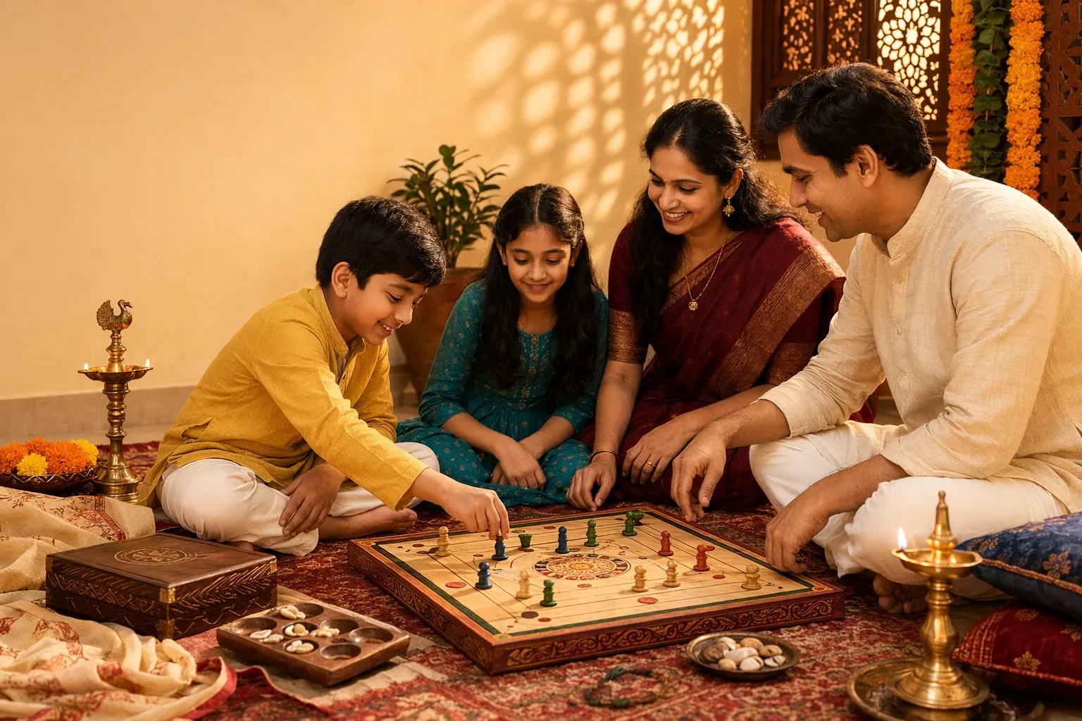 Family-friendly Indian board-games scene with children and elders around tabletop games, counters, dice, and colorful Indian home details.