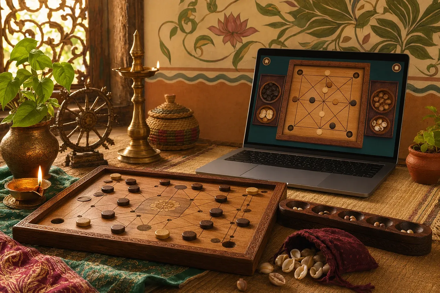 Laptop and physical Indian board games side by side, showing safe online learning with traditional pieces, books, and Indian home decor.
