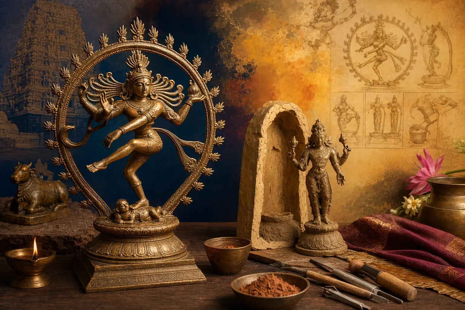 Indian bronze sculpture illustration centred on a Chola Nataraja-inspired figure with lost-wax casting and temple context.
