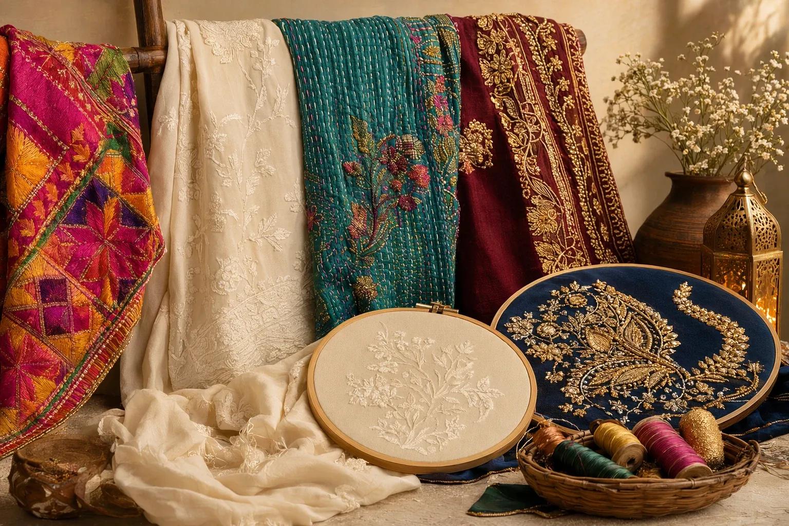Illustration of Indian embroidery with hoops, thread, needlework, mirror work, floral stitches, and embroidered cloth samples.