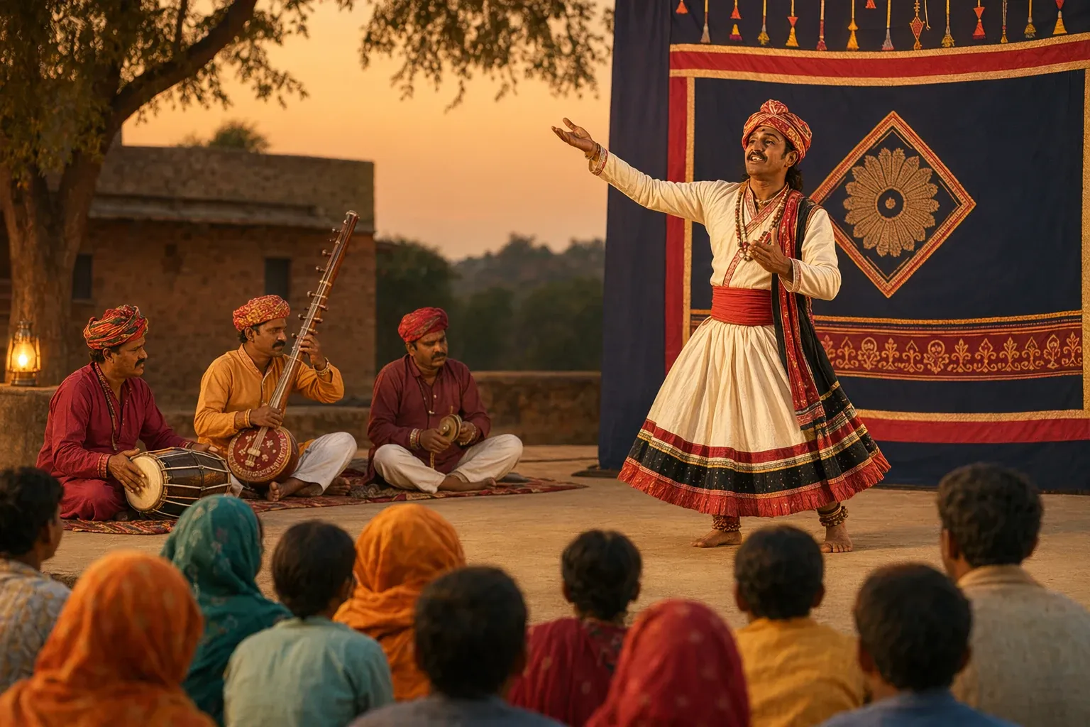Indian folk theatre performance with a traditional actor, musicians, audience, colourful costume and open-air stage setting.