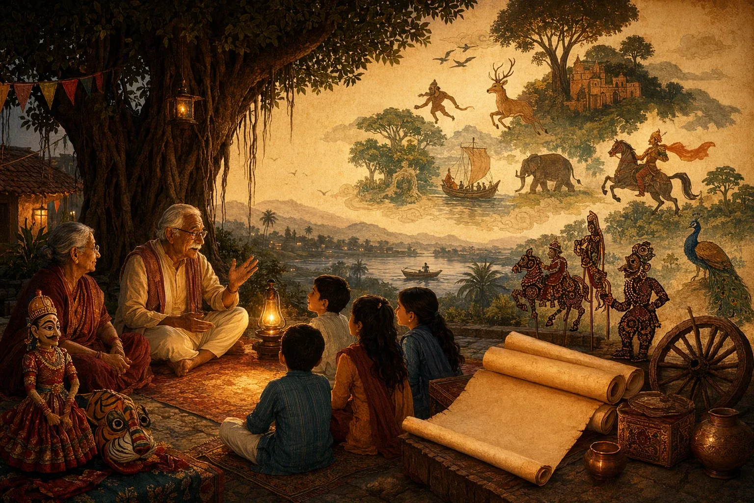 Illustration of Indian folklore storytelling with elders, young listeners, puppets, masks, scrolls, and village courtyard motifs.