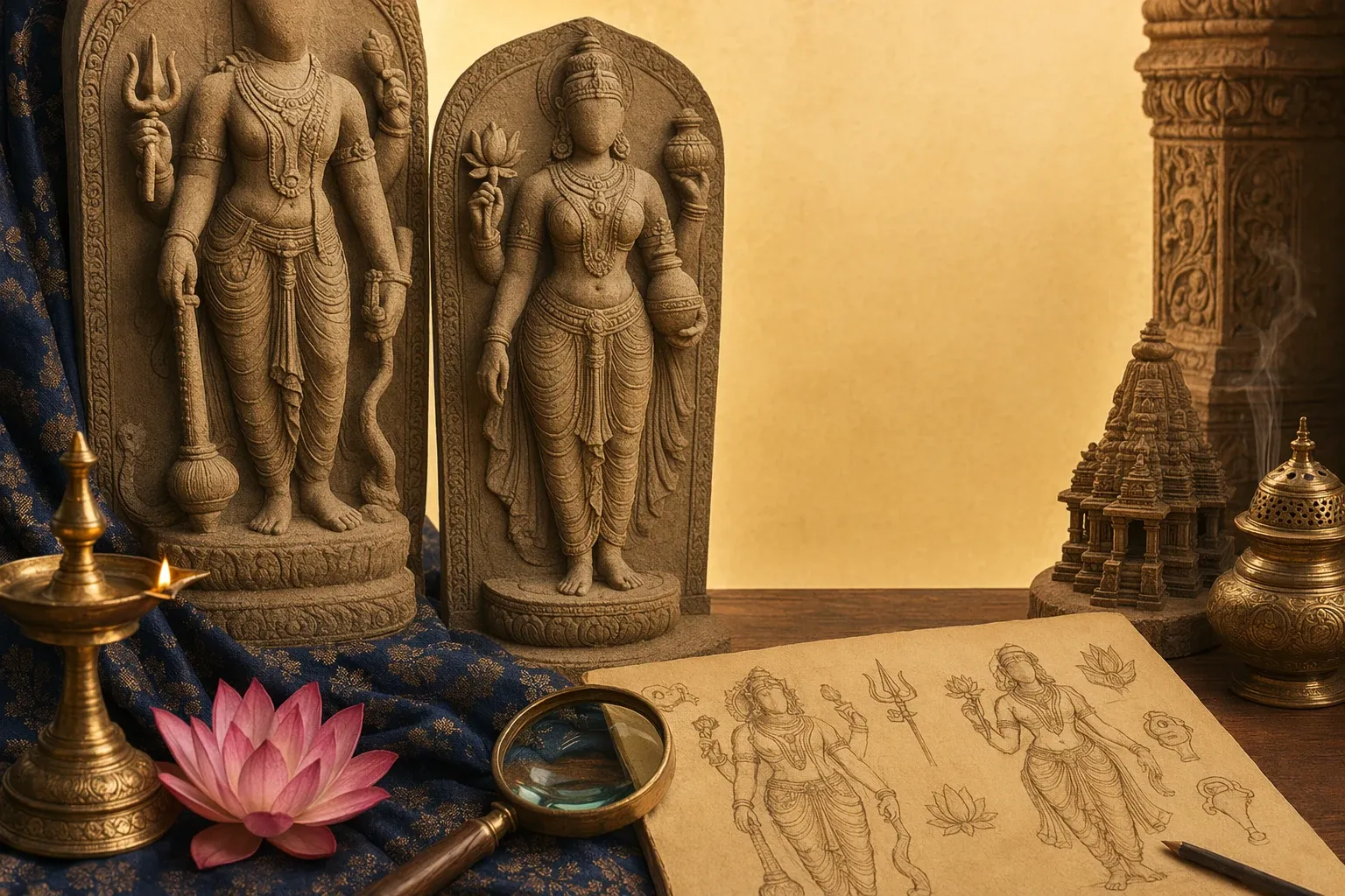 Indian god and goddess sculpture symbols illustration with deity forms, hand gestures, vehicles and iconography study details.