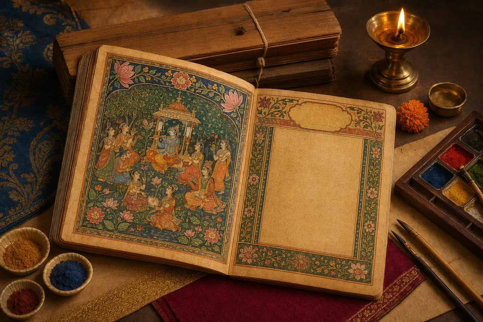 Indian illuminated manuscript page with miniature-style art, colour, and devotional storytelling elements in a study setting.