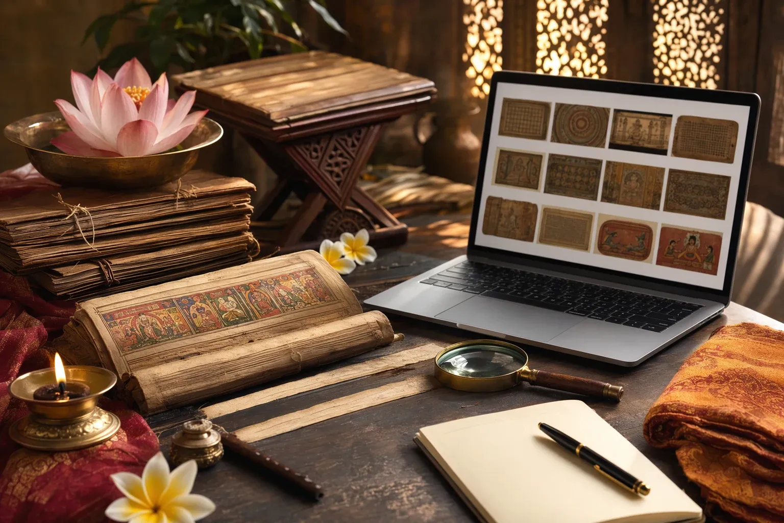 Laptop and Indian manuscript folios in an archive-style study scene, showing ethical digital access to manuscript collections.