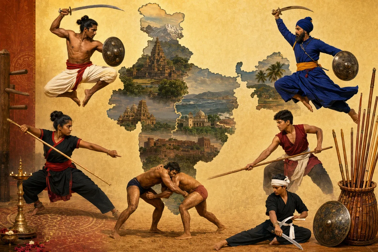 Multiple Indian martial arts practitioners showing different regional styles, weapons, and training traditions in a respectful heritage scene.