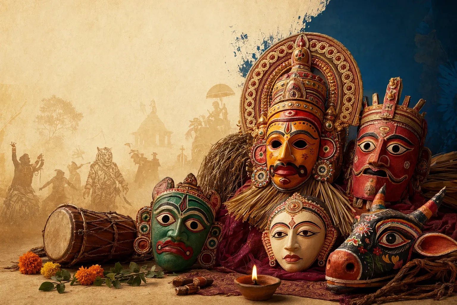 Indian mask traditions shown through varied ritual and theatre masks in a warm cultural setting.