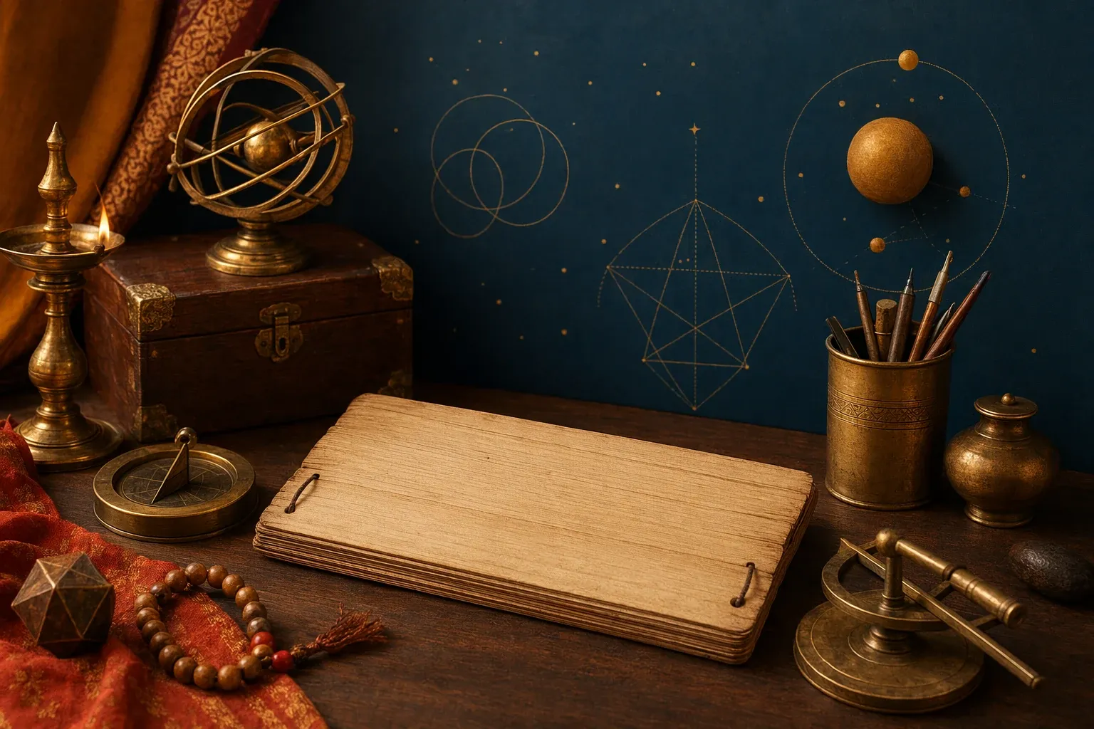 Editorial illustration for Indian Mathematics Olympiad: Beginner Guide for Students: an Indian knowledge-history editorial still life with blank palm leaves, geometric diagrams witho...