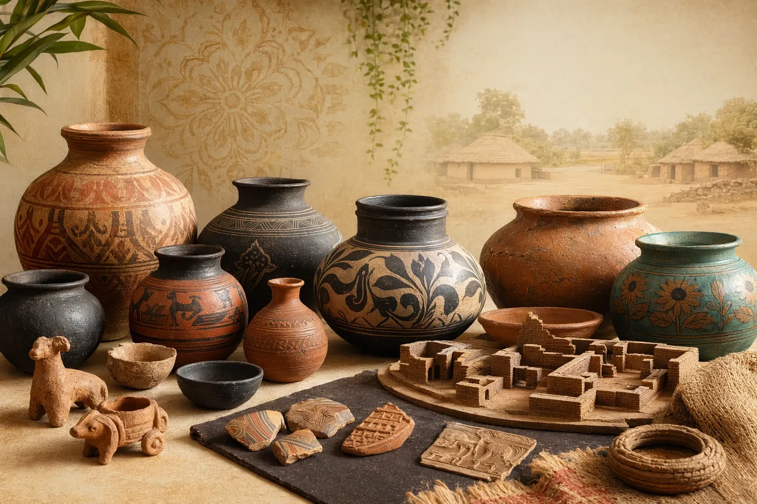 Student-friendly Indian pottery display with terracotta figures, clay vessels, painted pots, museum labels, and a pottery-making scene.