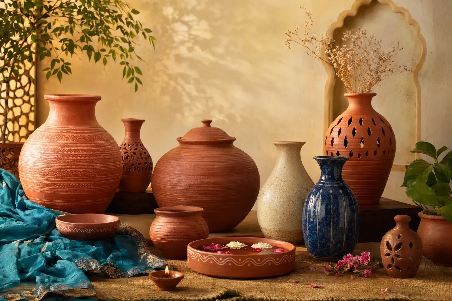 Indian clay pots, vases and terracotta vessels arranged in a home setting with care and use details.