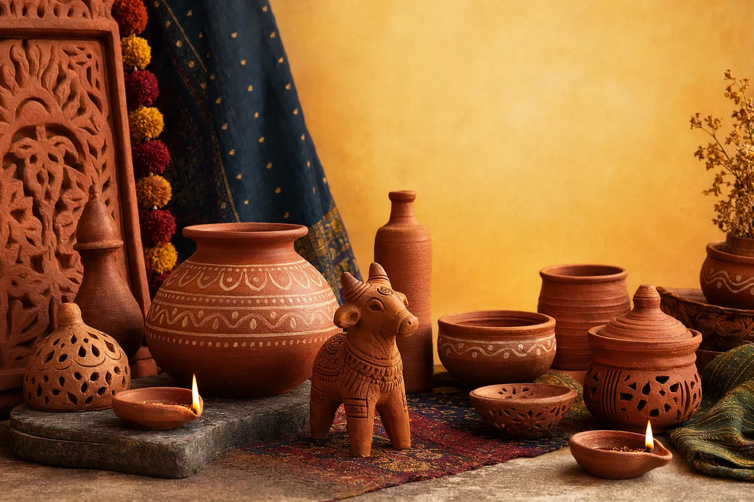 Indian terracotta pottery scene with clay diyas, vessels, figurines and warm handmade craft details on an Indian textile surface.
