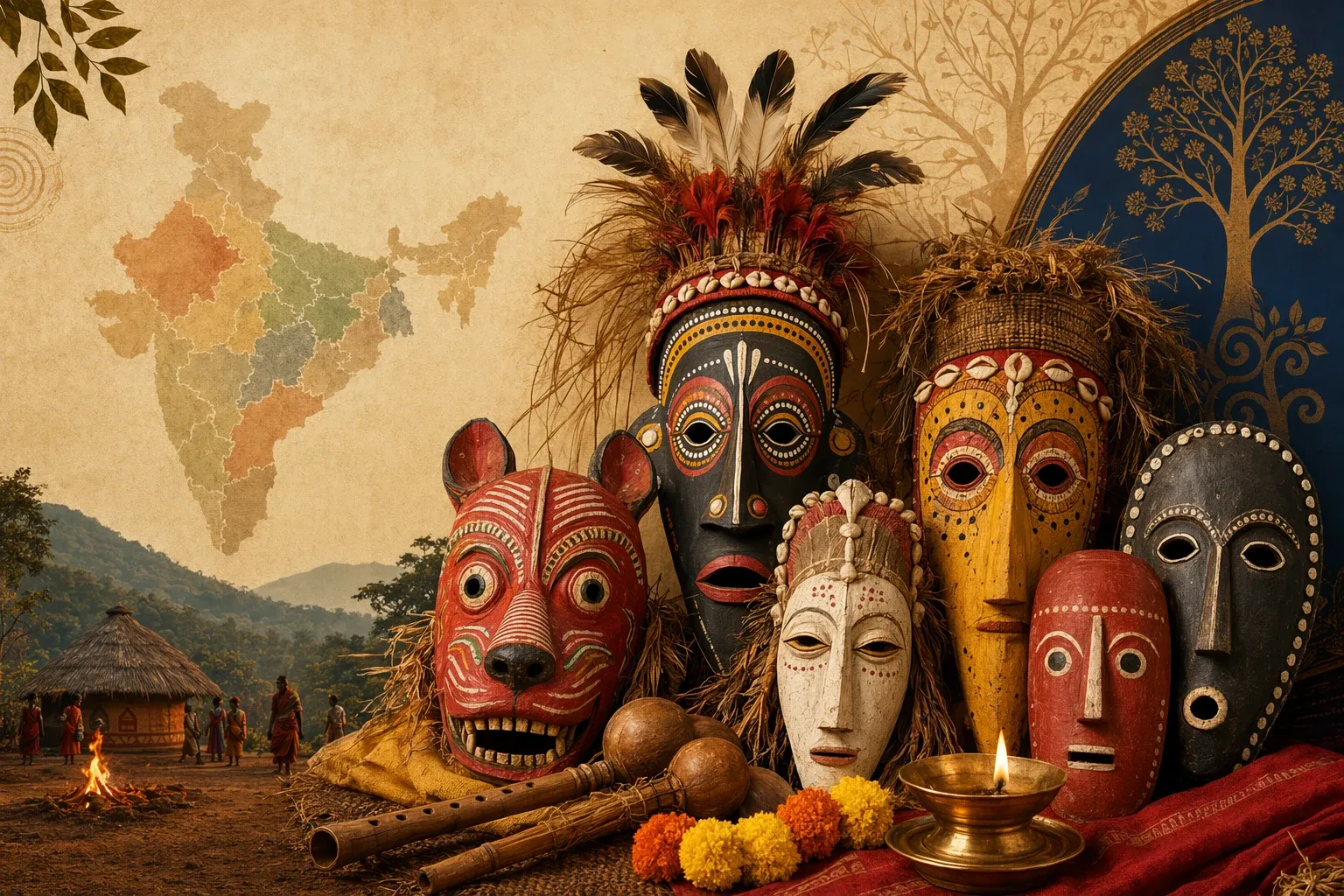 Regional Indian community mask traditions shown with festival masks, ritual setting, and landscape details.