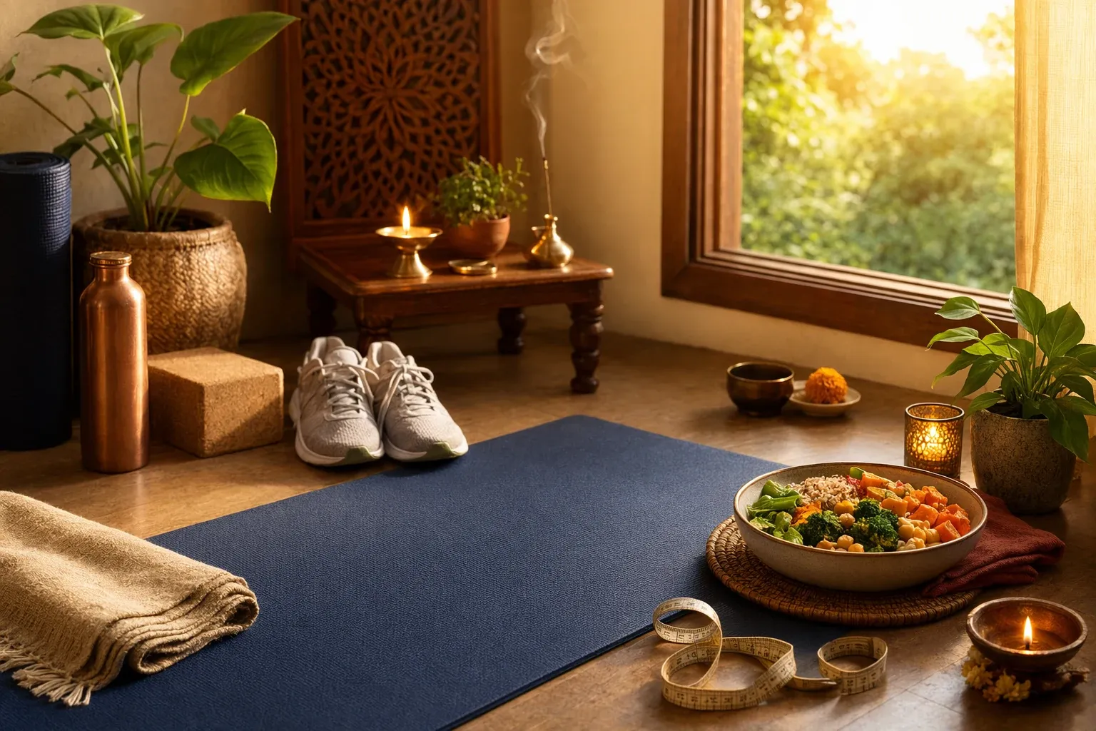 Person seated on a yoga mat in a calm room with Indian cultural elements, showing yoga as a practice with both spiritual roots and modern wellness use.