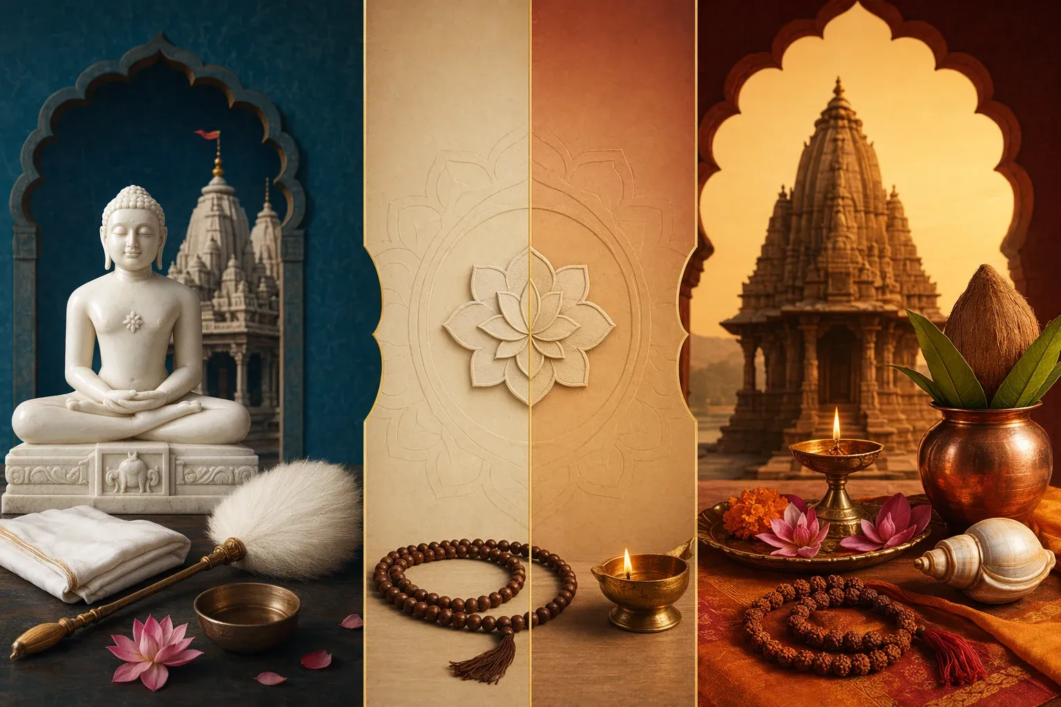 Respectful comparison illustration with Jain and Hindu symbolic panels, temple forms, lamps, and devotional objects shown without rivalry.
