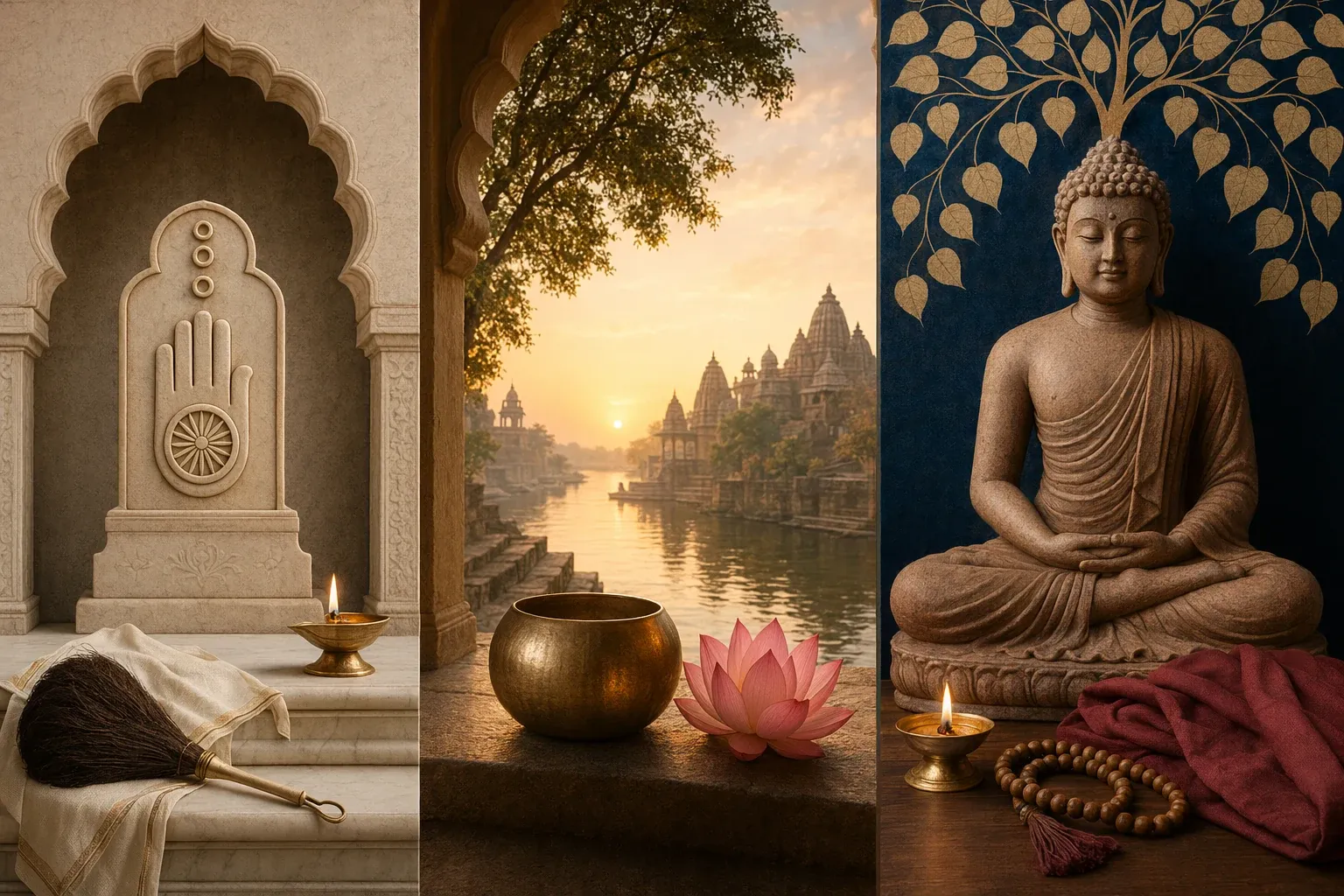 Respectful comparison illustration with Jain and Buddhist symbolic panels, calm temple forms, lamps, and meditation cues.