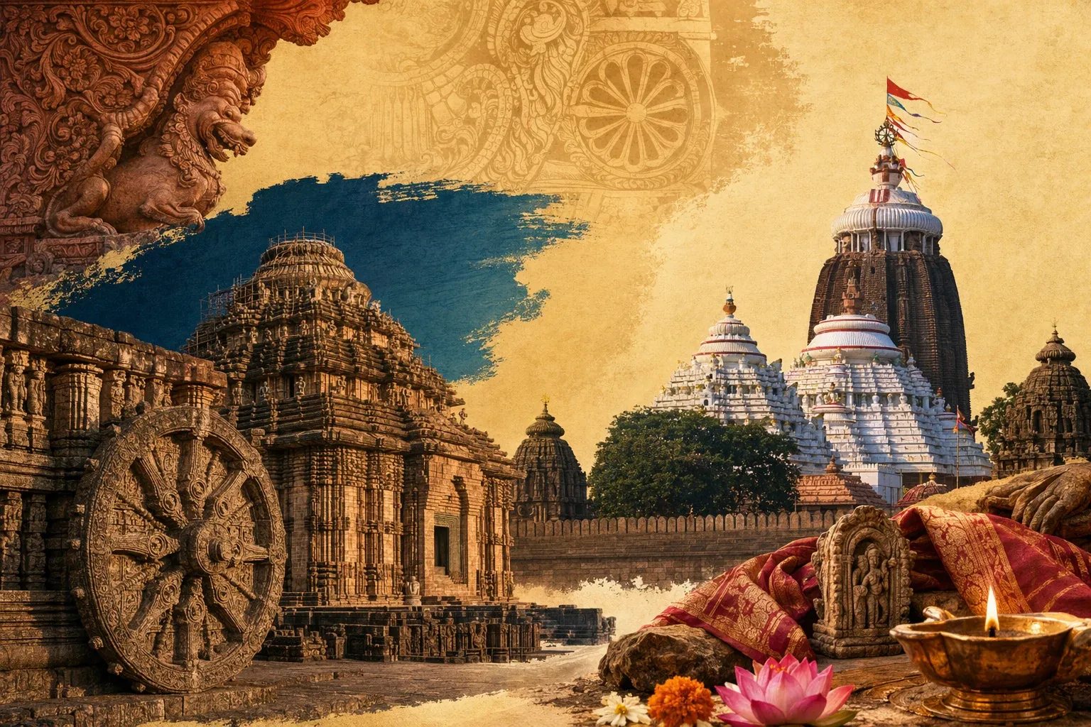 Illustration of Odisha Kalinga temple architecture with a Konark wheel, Puri Jagannath temple forms, stone carvings and warm devotional light.