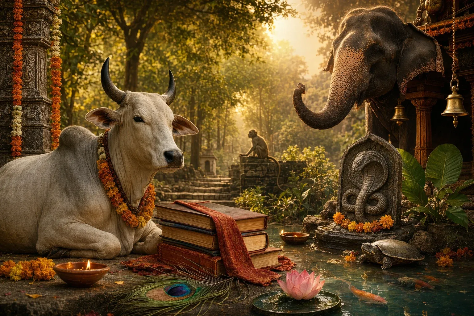 Symbolic illustration of books and sacred animals of India, with cow, elephant, snake, peacock feather, turtle, and temple motifs.