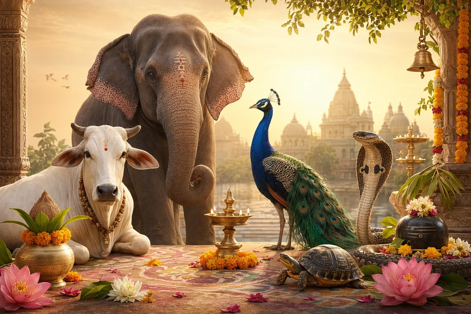 Symbolic illustration of auspicious animals in Indian culture with lamps, flowers, and temple motifs.