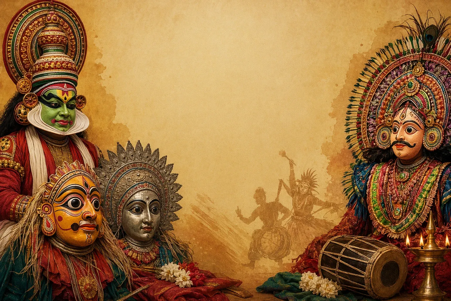 Indian theatre mask performance scene with ornate headgear, expressive faces, drum, lamp, and stage movement.