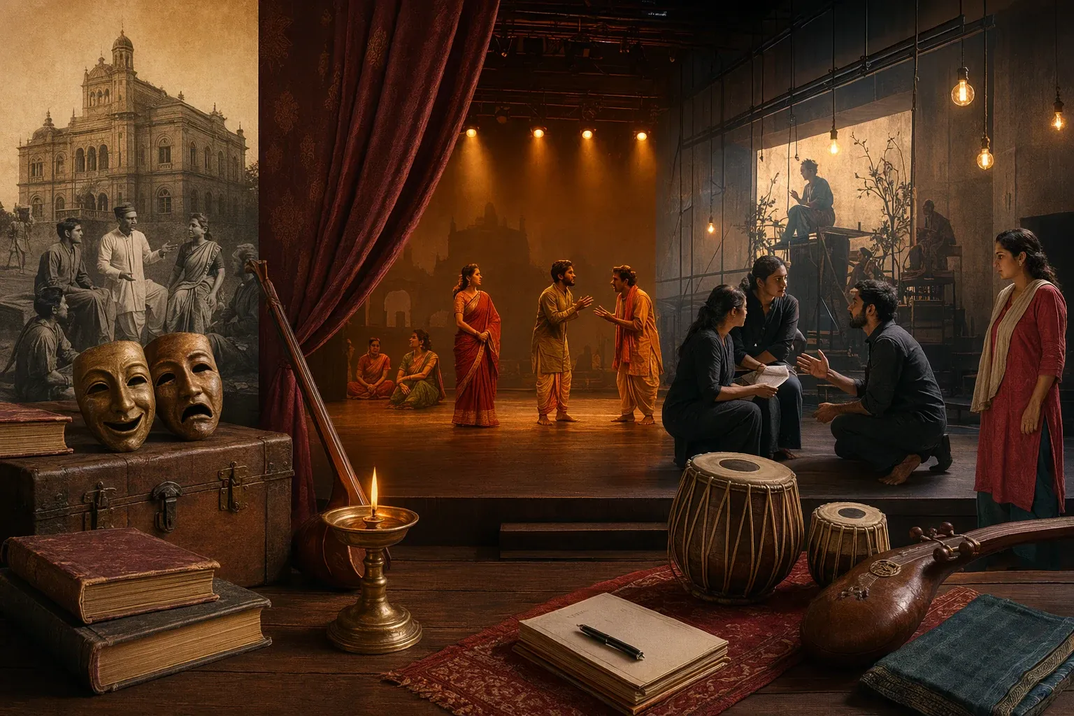 Modern Indian theatre rehearsal with actors, stage lights, props and a proscenium-style performance space.