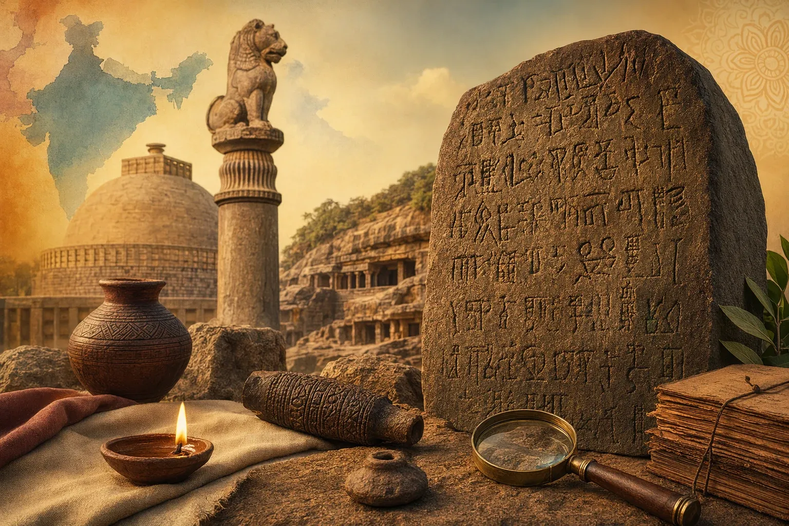 Oldest inscriptions in India illustration with ancient stone writing, early records, pillar fragments and archaeological study cues.