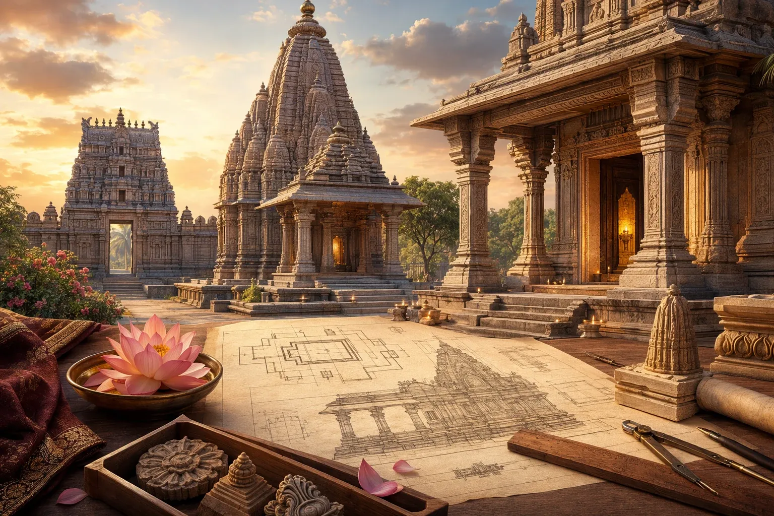 Symbolic Hindu temple architecture scene showing gateway, sanctum tower, mandapa pillars and plan drawings for temple parts.