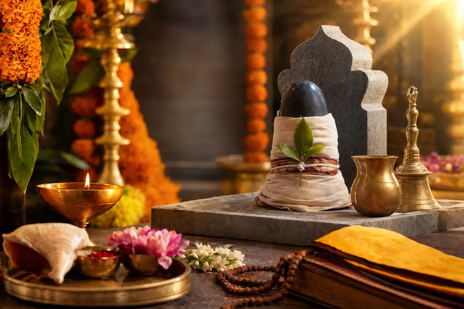 A respectful altar with palm-leaf style scripture, diya, flowers, and a Shiva linga suggesting mantra and consecration context.