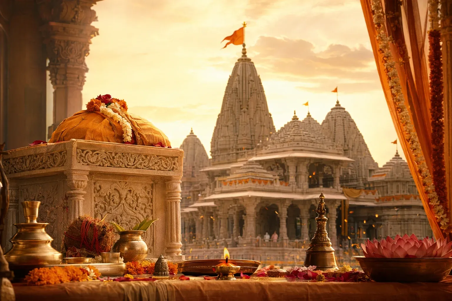 A respectful temple scene inspired by Ayodhya devotion, with lamps, flowers, devotees, and golden evening light.