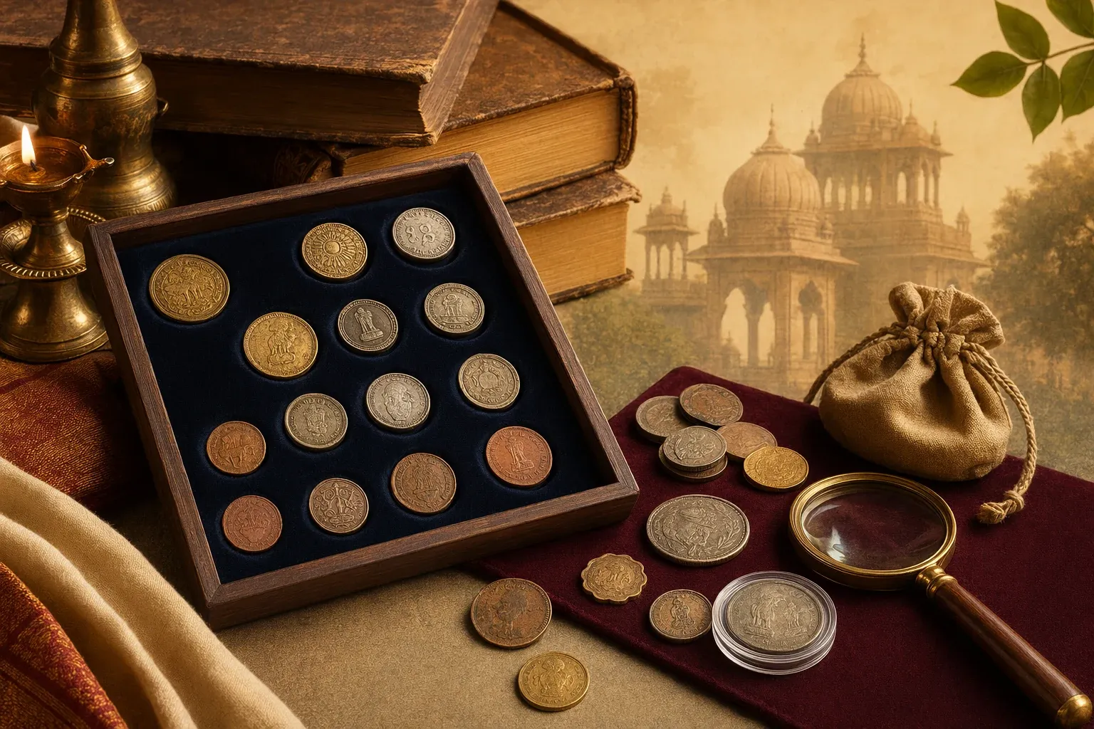 Editorial illustration of rare Indian coins displayed with magnifier, archival notes and careful collection setting.