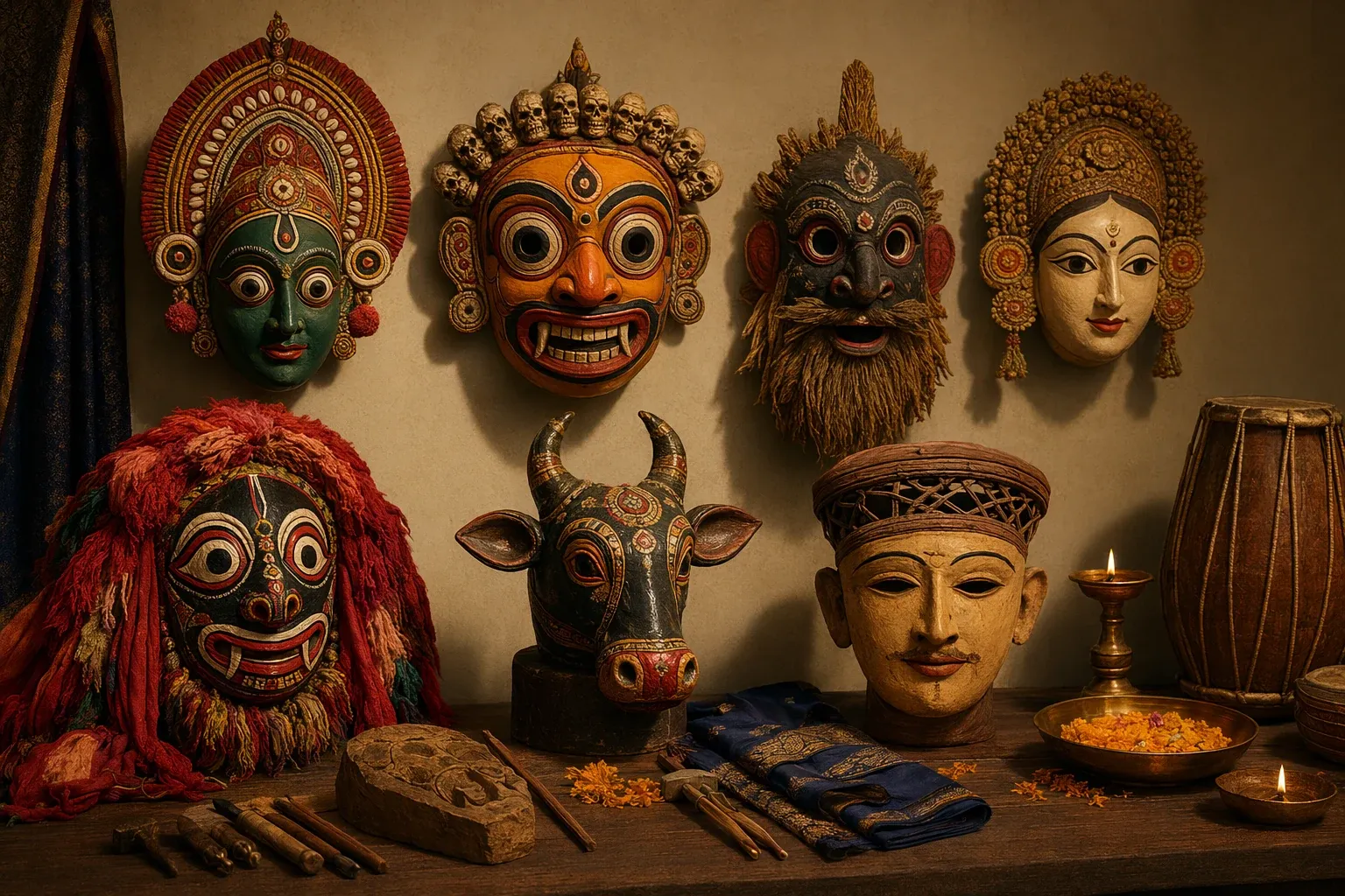 Editorial illustration for Regional Styles of Masks from the Indian Subcontinent: a non-geographic Indian ritual-mask display scene: several clearly visible distinct mask forms from...