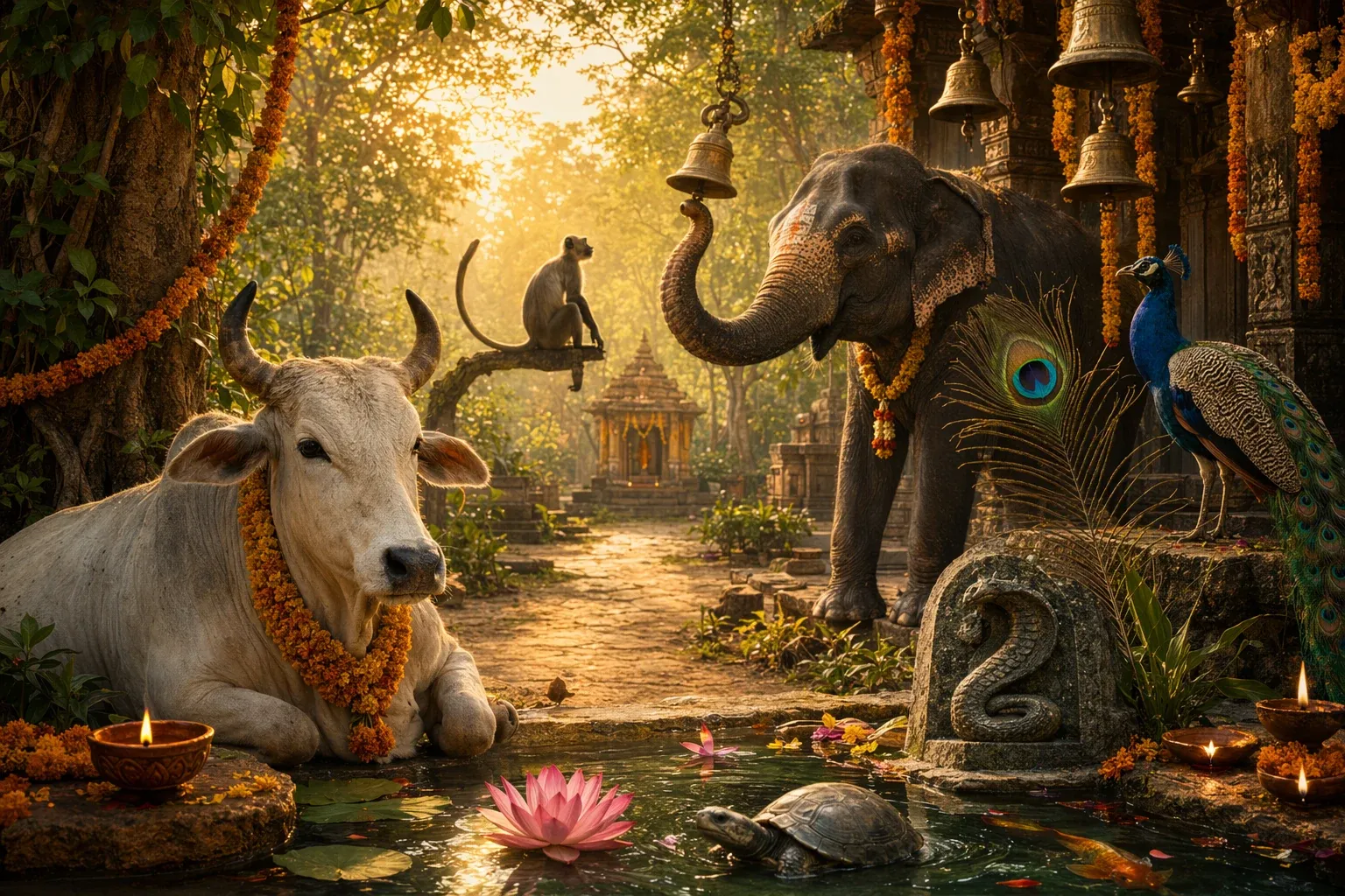 Symbolic illustration of sacred animals in Hindu mythology with temple art, vahanas, and nature motifs.