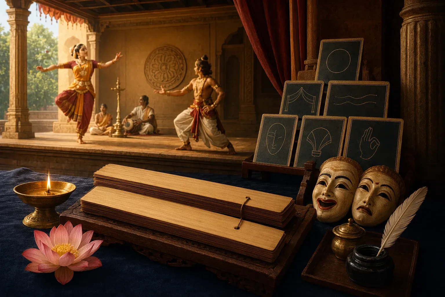 Sanskrit theatre scene with palm-leaf manuscript, lamp, stage setting and classical gesture boards.