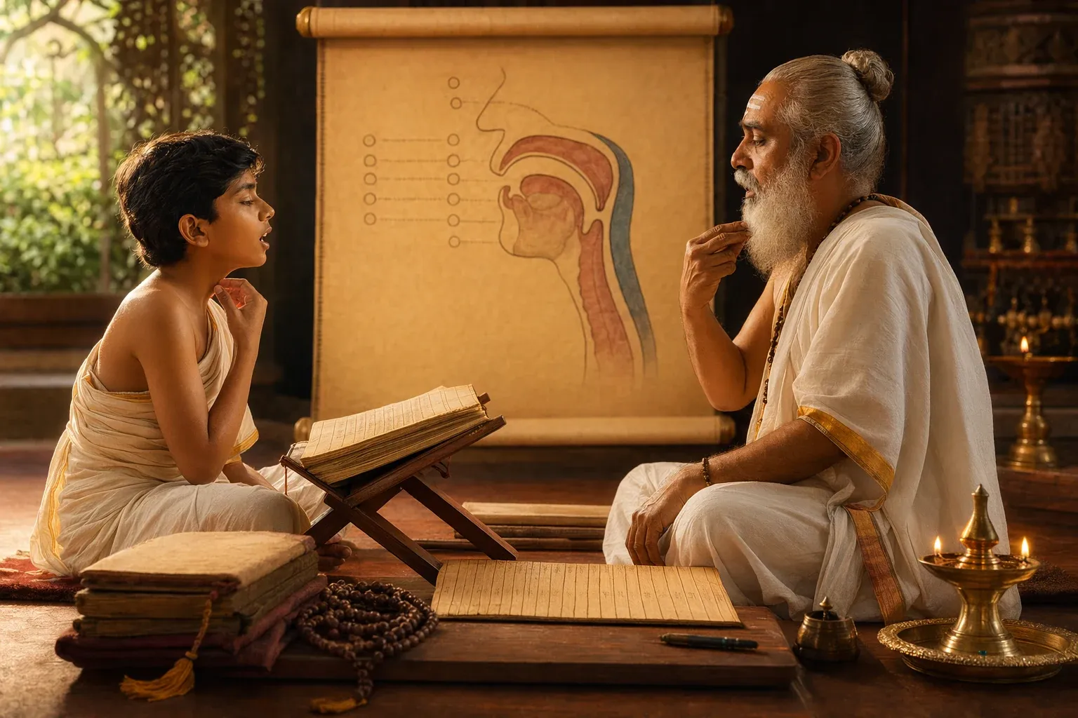 Vedic chanting study scene with palm-leaf manuscript, teacher-student setting, sound-wave symbolism, lamp, and Sanskrit learning objects.