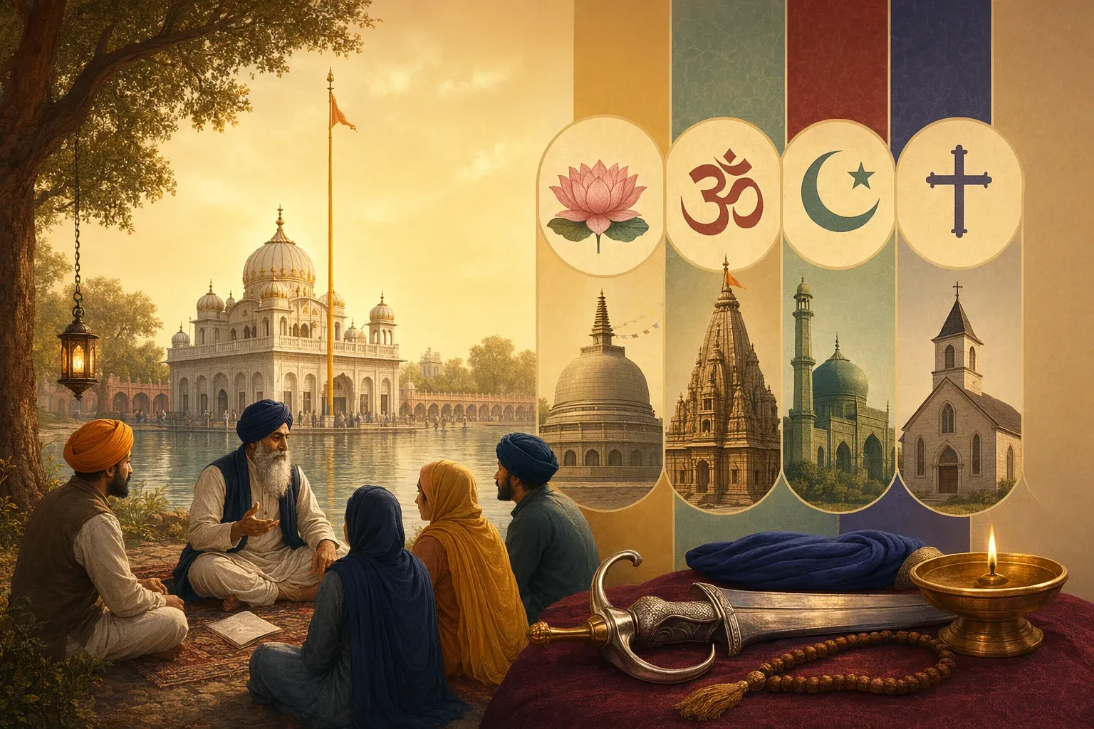 Respectful Sikh heritage scene with gurdwara-inspired architecture, Punjab landscape, sangat, seva, and comparison context without mixed symbols.