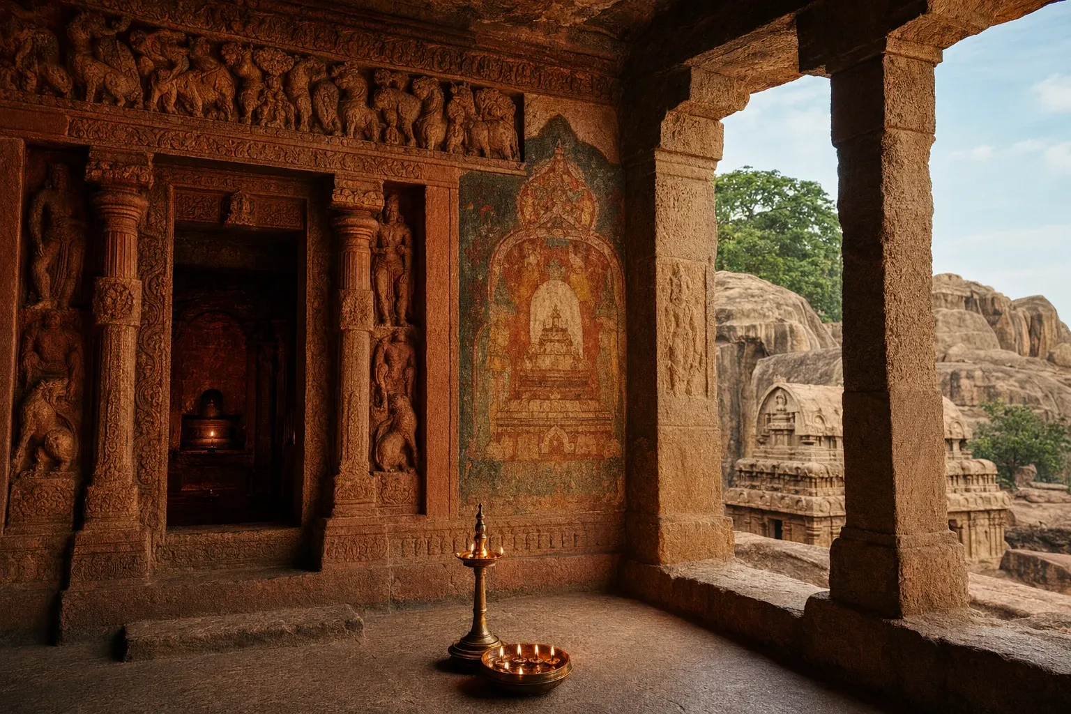 South Indian rock-cut cave temple scene with carved stone doorway, sculptural panels, warm lamp light, and heritage landscape cues.
