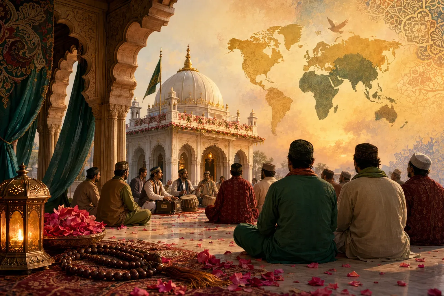 Symbolic Sufi world map scene with an Indian dargah courtyard, lamps, prayer beads and qawwali motifs for a guide to global Sufi traditions.