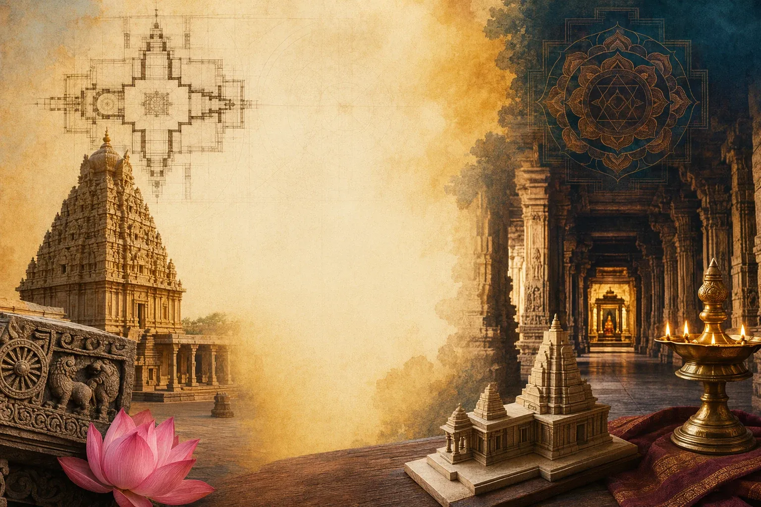 Symbolic illustration of Hindu temple architecture with sacred geometry, a sanctum-like passage, carved temple forms, lamps and lotus motifs.