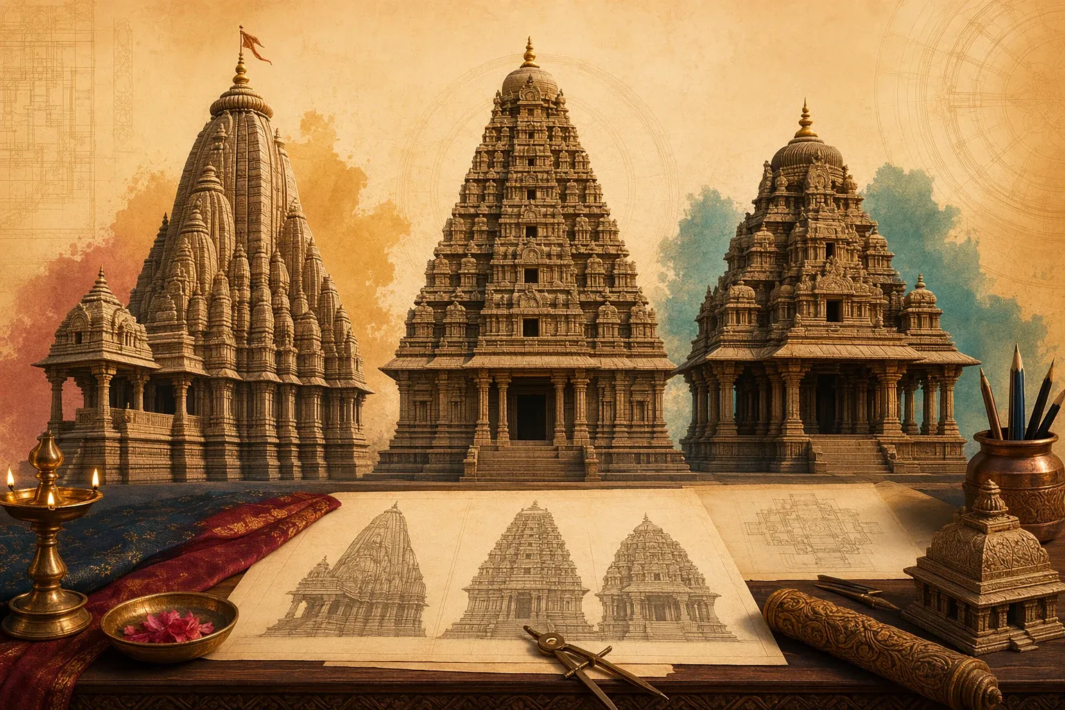 Illustration comparing Nagara, Dravida and Vesara temple forms with three distinct temple silhouettes, carved stone details, lamps and blank sketch sheets.