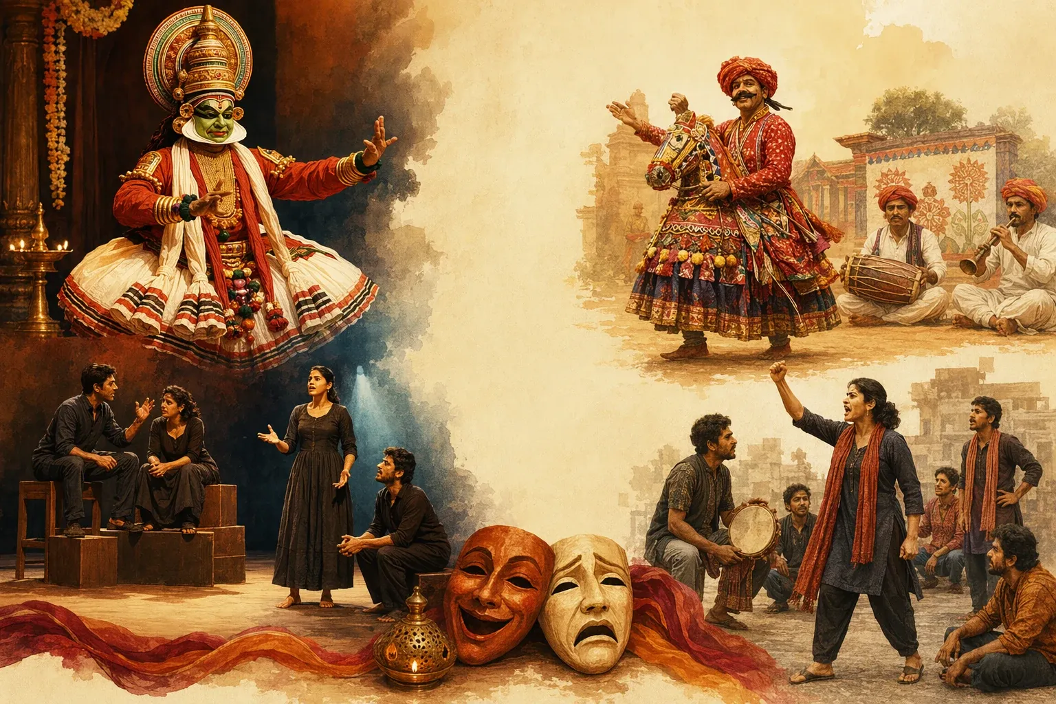 Composite Indian theatre artwork showing classical performance, folk-style actors, musicians and a modern stage scene in one colourful frame.