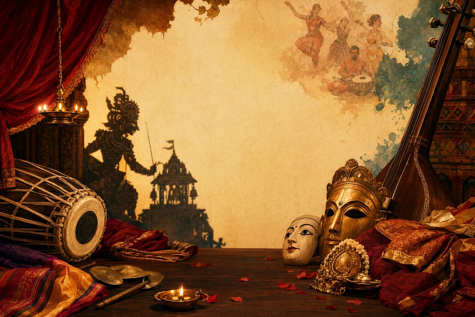 Indian theatre scene with stage curtains, shadow puppets, musicians, masks, diyas and colourful performance objects arranged like a cultural collage.