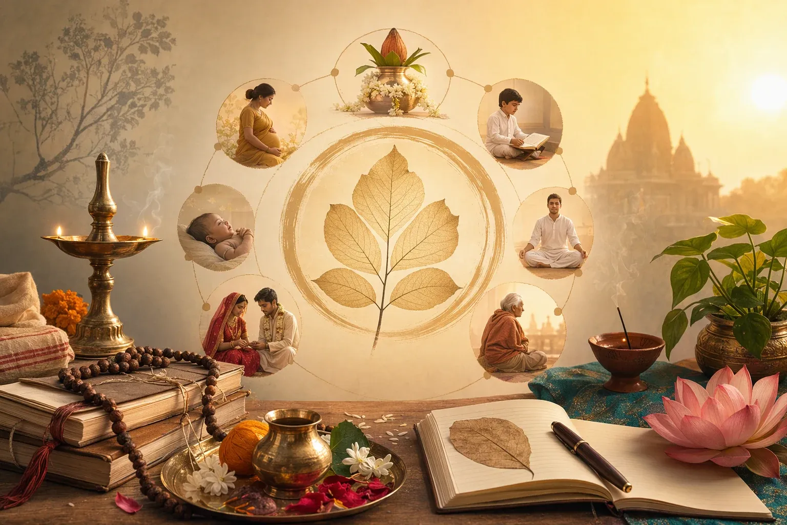 Hindu samskara concept scene with ritual objects, family life-stage symbols, scripture, lamp, and inner-refinement imagery.