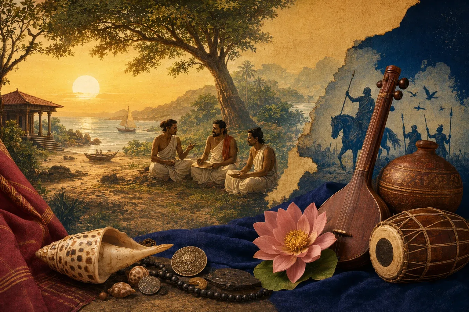 Ancient Tamil literary scene with palm-leaf manuscripts, poet’s desk, coastal landscape, and Sangam-era cultural atmosphere.